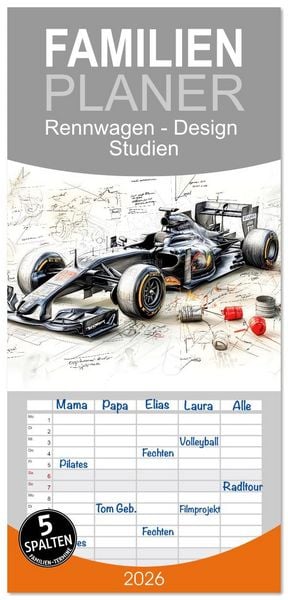 Produktbild: Familienplaner 2026 - Rennwagen - Design Studien mit 5 Spalten (Wandkalender, 21 x 45 cm) CALVENDO