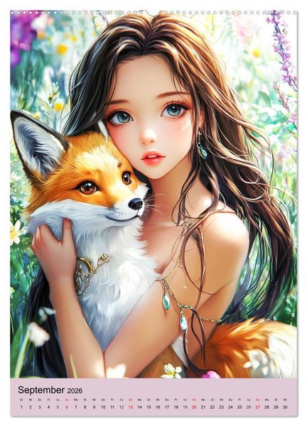 Produktbild: Magische Manga-Girls. Zauberhafte Illustrationen mit Krafttieren (Wandkalender 2026 DIN A2 hoch), CALVENDO Monatskalender