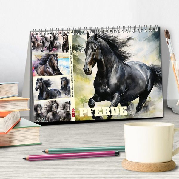 Produktbild: Pferde. Romantische Aquarelle von schwarzen Sch&ouml;nheiten (Tischkalender 2026 DIN A5 quer), CALVENDO Monatskalender