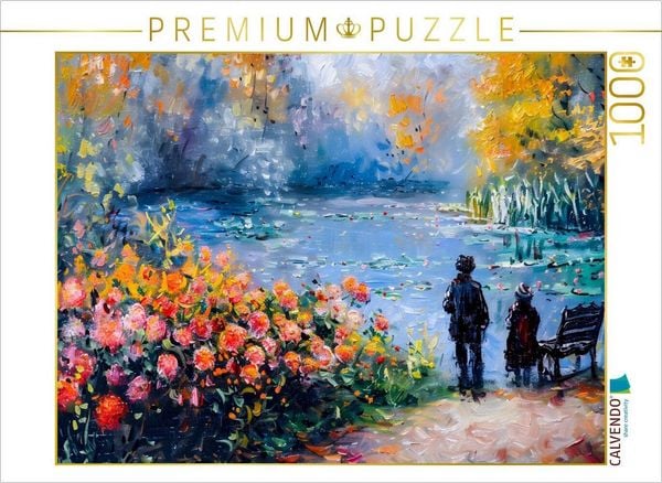 CALVENDO Puzzle Besucher am Teich mit Bank Dahlienbeet Seerosen und Herbstlaub Puzzlespiel | 1000 Teile Lege-Größe 64 × 48 cm Foto-Puzzle für glückliche Stunden