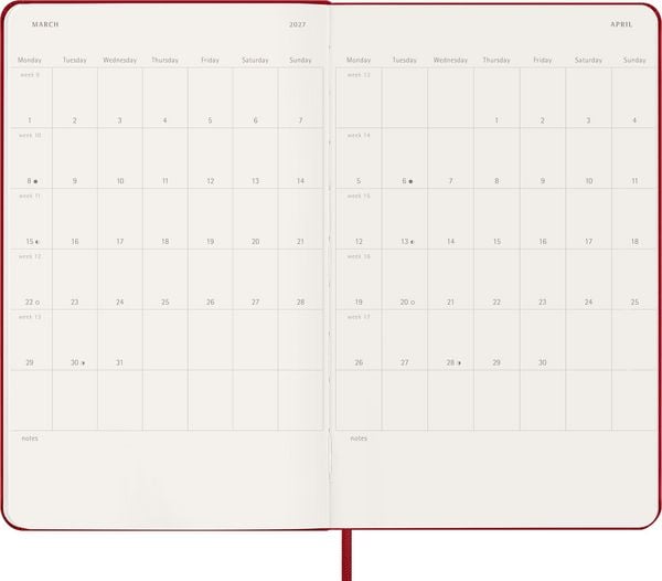 Produktbild: Moleskine 18 Monate Wochen Notizkalender 2026/2027, L/A5, 1 Wo = 1 Seite, Rechts linierte Seite, Fester Einband, Scharlachrot