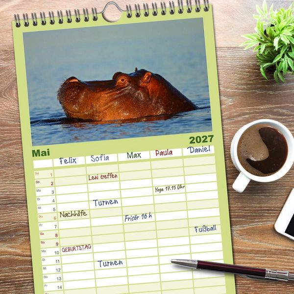 Produktbild: Familienplaner 2027 - Flusspferde Magie des Augenblicks - Hippos in Afrika mit 5 Spalten (Wandkalender, 21 x 45 cm) CALVENDO