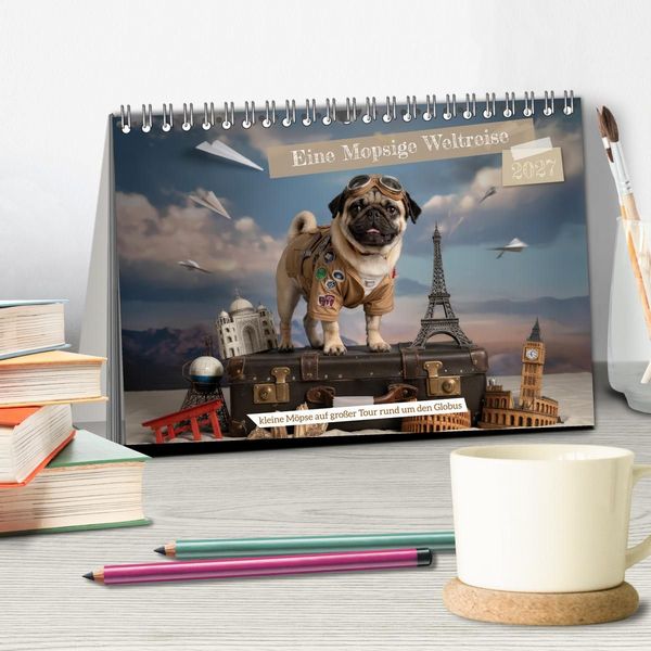 Produktbild: Eine Mopsige Weltreise (Tischkalender 2027 DIN A5 quer), CALVENDO Monatskalender