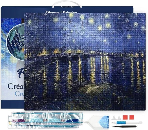 Produktbild: FiguredArt DP-630-Y - Diamond Painting, Van Gogh Sternennacht &uuml;ber der Rhone, Leinwand-Keilrahmen 40x50cm, Diamond Painting Set