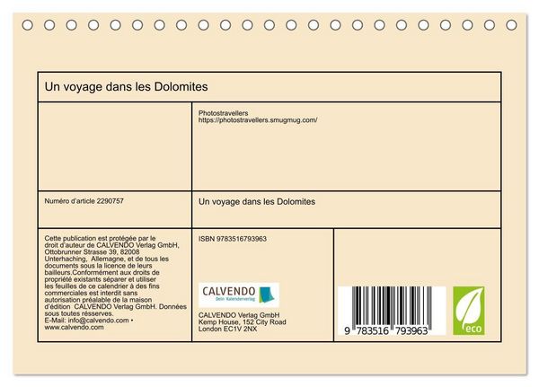 Produktbild: Un voyage dans les Dolomites (Calendrier de bureau 2027 DIN A5 vertical), CALVENDO calendrier mensuel