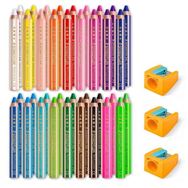 Produktbild: STAEDTLER Noris junior 140 Kindermalstift 3 in 1, Eimer mit 36 Malstiften in 18 sortierten Farben und 3 Spitzern, 140 C36