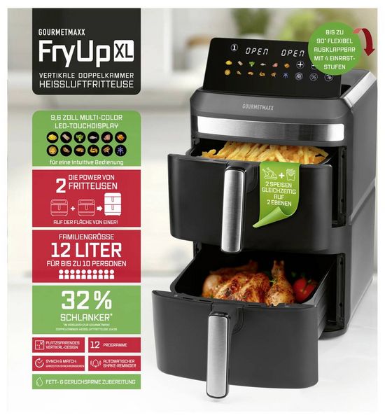 Produktbild: GourmetMaxx 16818 Hei&szlig;luft-Fritteuse 12l 2800W Antihaftbeschichtung, BPA-frei, Cool-Touch-Geh&auml;use, digitaler Timer, Grillfunktion
