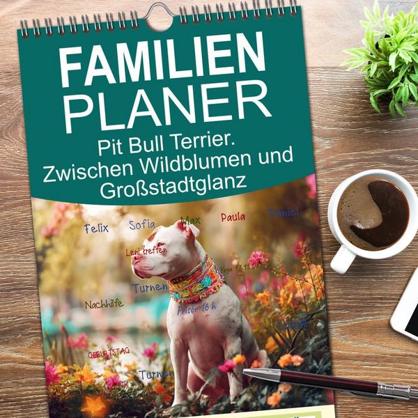 Produktbild: Familienplaner 2026 - Pit Bull Terrier. Zwischen Wildblumen und Gro&szlig;stadtglanz mit 5 Spalten (Wandkalender, 21 x 45 cm) CALVENDO