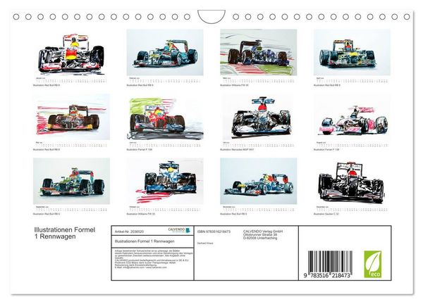 Produktbild: Illustrationen Formel 1 Rennwagen (Wandkalender 2026 DIN A4 quer), CALVENDO Monatskalender