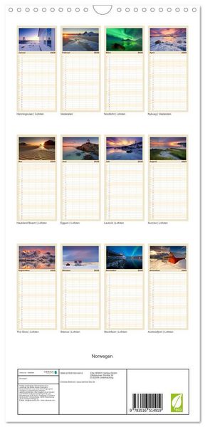 Produktbild: Familienplaner 2026 - Norwegen mit 5 Spalten (Wandkalender, 21 x 45 cm) CALVENDO