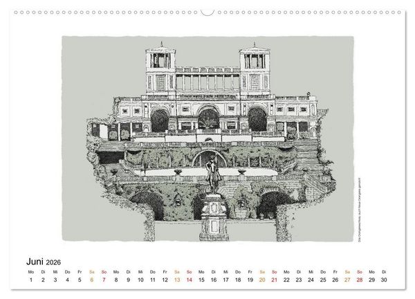 Produktbild: Potsdamer Sehensw&uuml;rdigkeiten in Ink und Farbe (hochwertiger Premium Wandkalender 2026 DIN A2 quer), Kunstdruck in Hochglanz