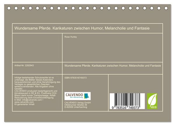Produktbild: Wundersame Pferde. Karikaturen zwischen Humor, Melancholie und Fantasie (Tischkalender 2027 DIN A5 quer), CALVENDO Monatskalender