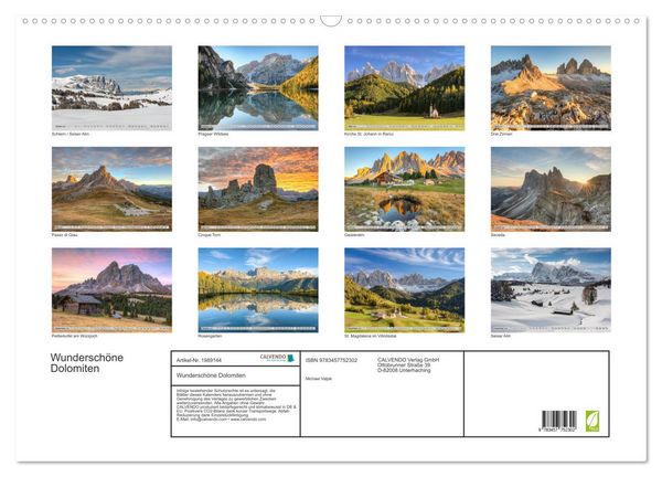 Produktbild: Wundersch&ouml;ne Dolomiten (Wandkalender 2026 DIN A2 quer), CALVENDO Monatskalender