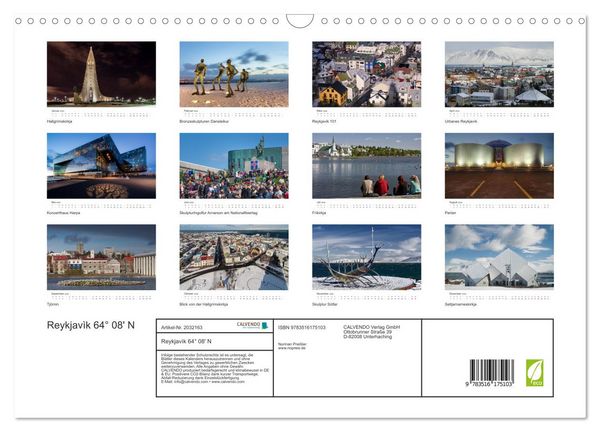 Produktbild: Reykjav&igrave;k 64&deg; 08' N (Wandkalender 2026 DIN A3 quer), CALVENDO Monatskalender