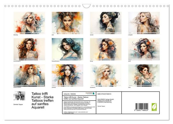 Produktbild: Tattoo trifft Kunst - Starke Tattoos treffen auf sanftes Aquarell (Wandkalender 2026 DIN A3 quer), CALVENDO Monatskalender