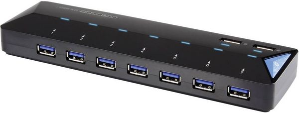 Produktbild: Renkforce RF-3806034 USB-Hub 7 Port USB-A USB 3.0 5 GBit/s mit Schnellladeport, mit Status-LEDs Schwarz