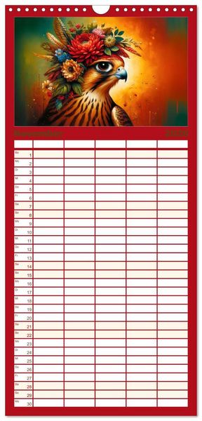 Produktbild: Familienplaner 2026 - Blumige Vogelportr&auml;ts mit 5 Spalten (Wandkalender, 21 x 45 cm) CALVENDO