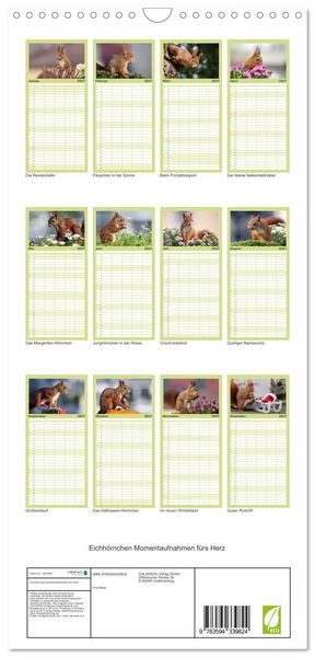 Produktbild: Familienplaner 2027 - Eichh&ouml;rnchen Momentaufnahmen f&uuml;rs Herz mit 5 Spalten (Wandkalender, 21 x 45 cm) CALVENDO