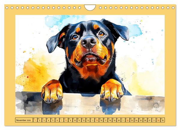 Produktbild: Kraftvolle Rottweiler. Stattliche Begleithunde im Aquarell-Stil (Wandkalender 2026 DIN A4 quer), CALVENDO Monatskalender