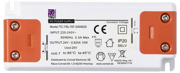 Produktbild: TRU COMPONENTS TC-YSL15F-2400625 LED-Trafo Konstantspannung 15W 0.625A 24 V/DC M&ouml;belzulassung, &Uuml;berspannung, Montage auf