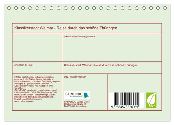 Produktbild: Klassikerstadt Weimar - Reise durch das sch&ouml;ne Th&uuml;ringen (Tischkalender 2026 DIN A5 quer), CALVENDO Monatskalender