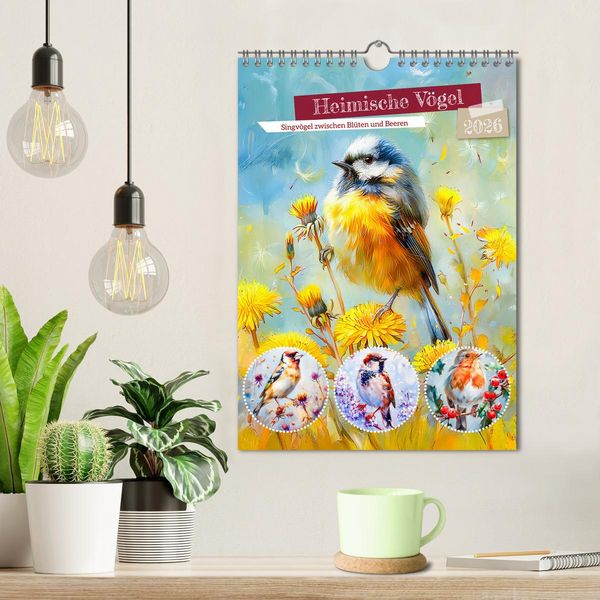 Produktbild: Heimische V&ouml;gel - Singv&ouml;gel zwischen Bl&uuml;ten und Beeren (Wandkalender 2026 DIN A4 hoch), CALVENDO Monatskalender