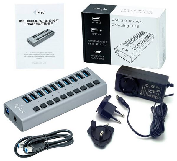 Produktbild: i-tec U3CHARGEHUB10 USB-Hub 10 Port USB-A USB 3.0 5 GBit/s Grau I-TEC USB 3.0 Charging HUB 10 Port