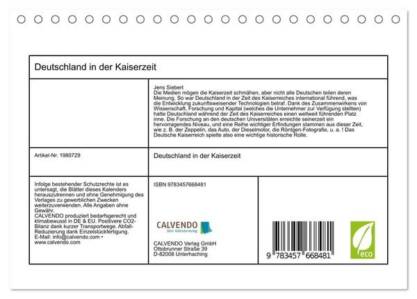 Produktbild: Deutschland in der Kaiserzeit (Tischkalender 2026 DIN A5 quer), CALVENDO Monatskalender