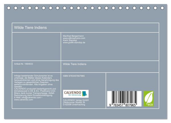 Produktbild: Wilde Tiere Indiens (Tischkalender 2026 DIN A5 quer), CALVENDO Monatskalender