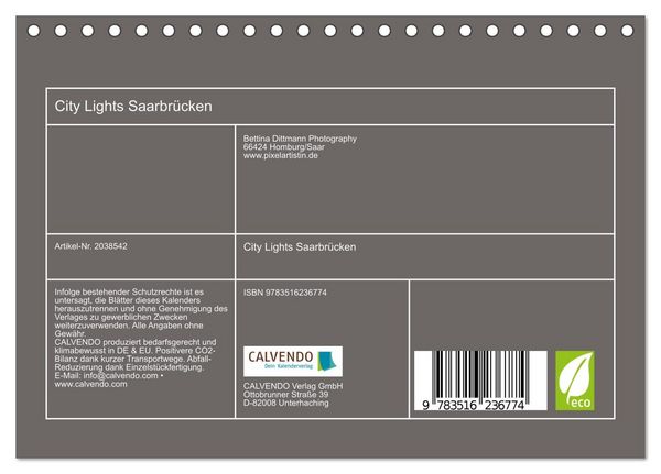 Produktbild: City Lights Saarbr&uuml;cken (Tischkalender 2026 DIN A5 quer), CALVENDO Monatskalender