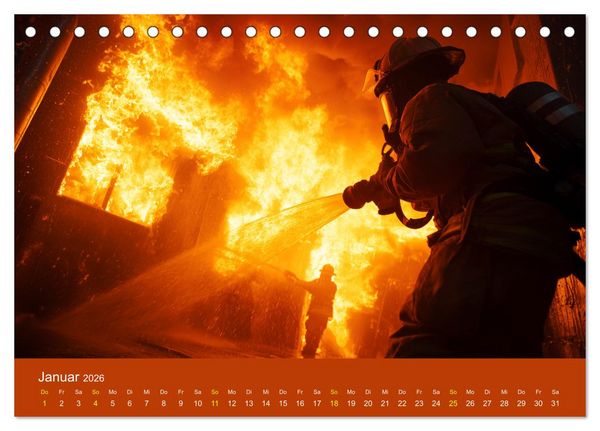 Produktbild: Feuer und Flamme - Feuerwehrkalender (Tischkalender 2026 DIN A5 quer), CALVENDO Monatskalender