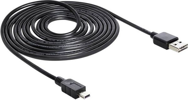 Produktbild: Delock USB-Kabel USB 2.0 USB-A Stecker, USB-Mini-B Stecker 3.00 m Schwarz beidseitig verwendbarer Stecker, vergoldete Steckkontakte, UL-zertifiziert
