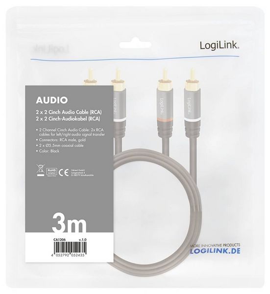 Produktbild: LogiLink CA1206 Cinch Audio Anschlusskabel 3.0m Schwarz Geschirmt, Farbcodiert