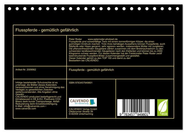 Produktbild: Flusspferde - gem&uuml;tlich gef&auml;hrlich (Tischkalender 2026 DIN A5 quer), CALVENDO Monatskalender