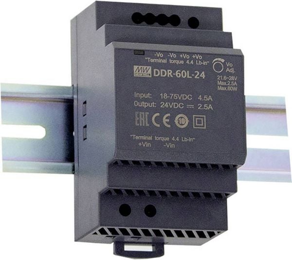 Produktbild: MEAN WELL DDR-60L-24 Hutschienen-DC/DC-Wandler (DIN-Rail) 24 V/DC 2.5 A 60 W Anzahl Ausg&auml;nge:1 x Inhalt 1 St.