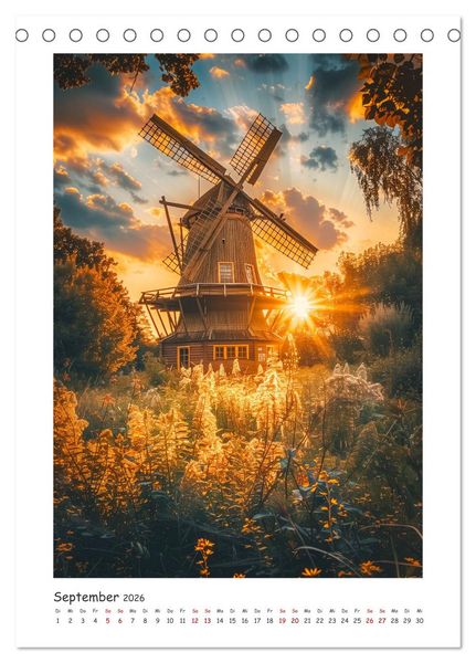 Produktbild: Windm&uuml;hlen - Zauberhaft mit einer KI in Szene gesetzt (Tischkalender 2026 DIN A5 hoch), CALVENDO Monatskalender