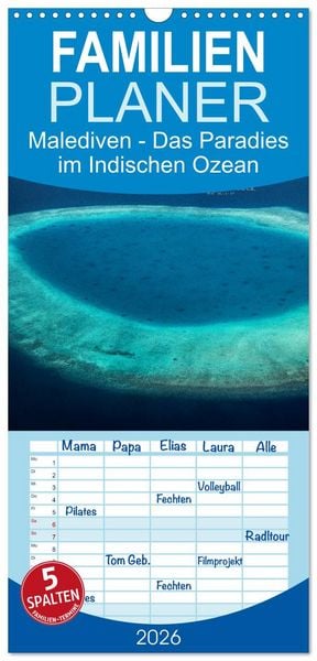 Produktbild: Familienplaner 2026 - Malediven &ndash; Das Paradies im Indischen Ozean III mit 5 Spalten (Wandkalender, 21 x 45 cm) CALVENDO