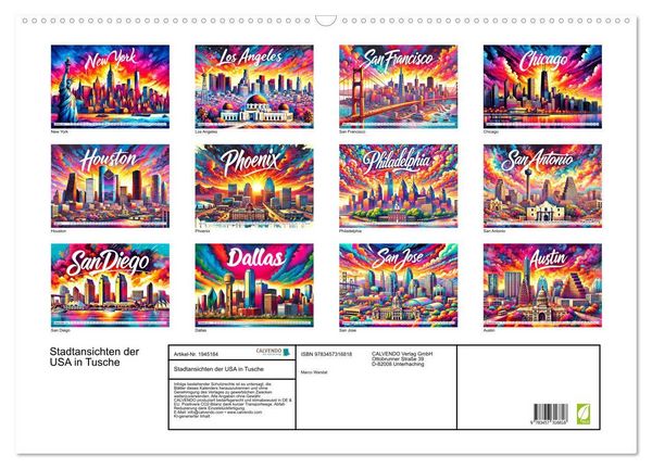 Produktbild: Stadtansichten der USA in Tusche (Wandkalender 2026 DIN A2 quer), CALVENDO Monatskalender