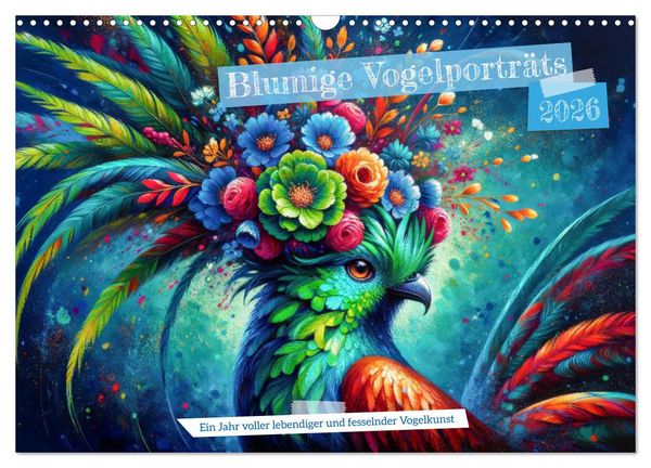 Produktbild: Blumige Vogelportr&auml;ts (Wandkalender 2026 DIN A3 quer), CALVENDO Monatskalender