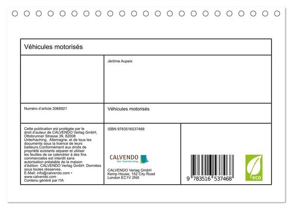 Produktbild: V&eacute;hicules motoris&eacute;s (Calendrier de bureau 2026 DIN A5 vertical), CALVENDO calendrier mensuel