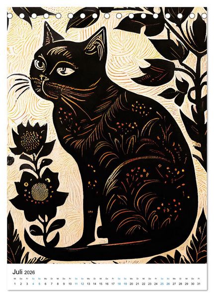 Produktbild: Katzen Linolschnitt - Der Kalender mit kunstvollen Portr&auml;ts der Samtpfoten (Tischkalender 2026 DIN A5 hoch), CALVENDO Monatskalender