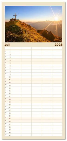 Produktbild: Familienplaner 2026 - Gipfelkreuze im Sonnenlicht mit 5 Spalten (Wandkalender, 21 x 45 cm) CALVENDO