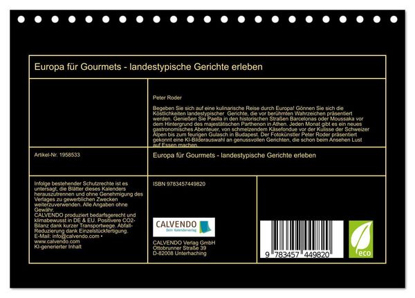 Produktbild: Europa f&uuml;r Gourmets - landestypische Gerichte erleben (Tischkalender 2026 DIN A5 quer), CALVENDO Monatskalender