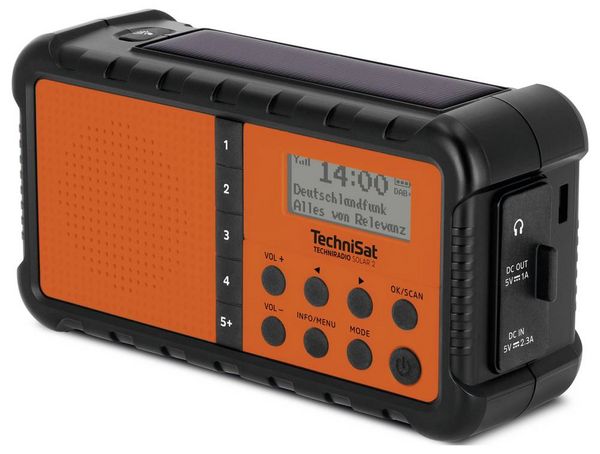Produktbild: TechniSat TECHNIRADIO SOLAR 2 Tischradio DAB+, UKW USB Solarpanel, Handkurbel, Taschenlampe, wiederaufladbar, spritzwassergesch&uuml;tzt Orange-Schwarz