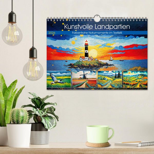 Produktbild: Kunstvolle Landpartien - Farbenfrohe Naturmomente im Textilstil (Wandkalender 2026 DIN A4 quer), CALVENDO Monatskalender