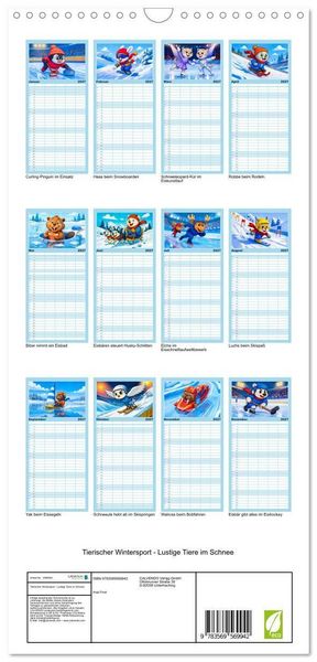 Produktbild: Familienplaner 2027 - Tierischer Wintersport - Lustige Tiere im Schnee mit 5 Spalten (Wandkalender, 21 x 45 cm) CALVENDO