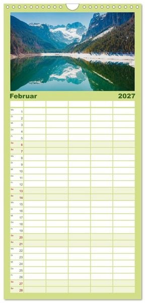 Produktbild: Familienplaner 2027 - Alpenseen - Berge im Spiegel mit 5 Spalten (Wandkalender, 21 x 45 cm) CALVENDO