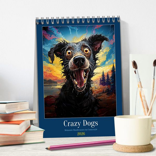Produktbild: Crazy Dogs Bekannte Hunderassen im Comicstyle (Tischkalender 2026 DIN A5 hoch), CALVENDO Monatskalender