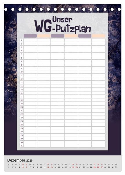 Produktbild: Gothic WG-Putzplan & Kalender 2026 (Tischkalender 2026 DIN A5 hoch), CALVENDO Monatskalender