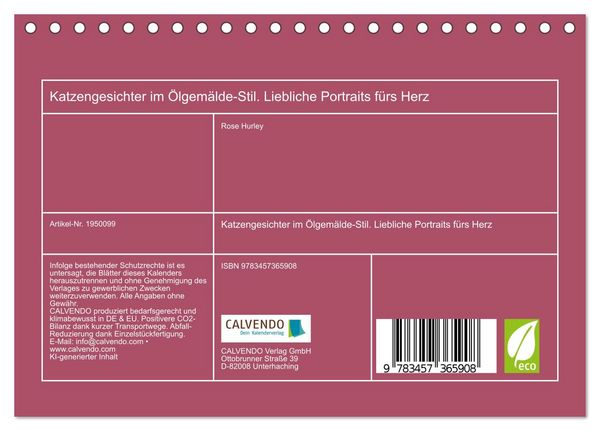 Produktbild: Katzengesichter im &Ouml;lgem&auml;lde-Stil. Liebliche Portraits f&uuml;rs Herz (Tischkalender 2026 DIN A5 quer), CALVENDO Monatskalender